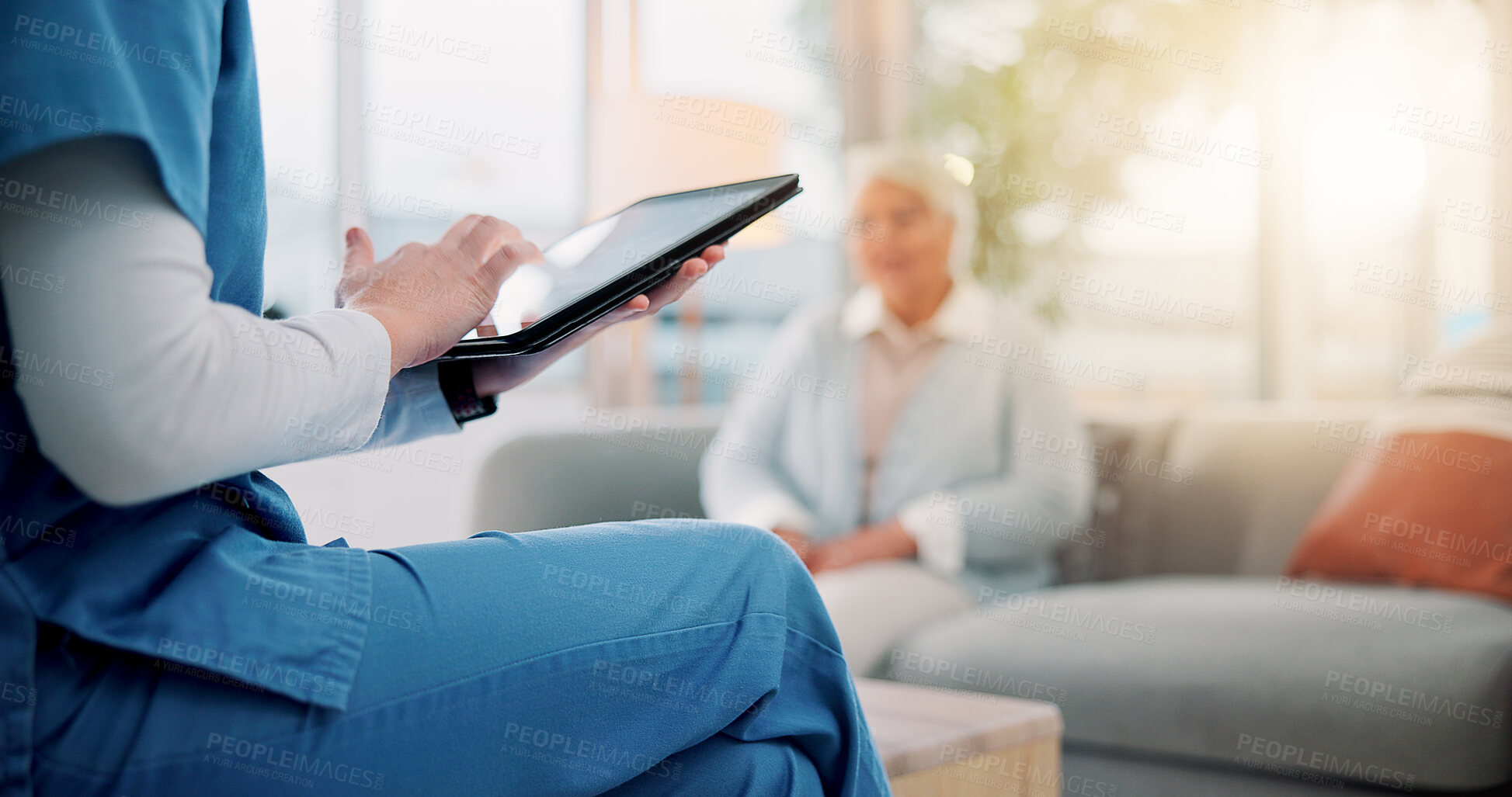 Buy stock photo Therapy, tablet and hands of nurse typing for counseling, occupational therapist and digital checklist. Support, healthcare and online patient records with person in clinic office for advice