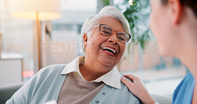 Buy stock photo Elderly woman, nurse and laughing in home for funny conversation, healthcare advice and empathy. Senior patient, caregiver and happy for homecare assistance, kindness and medical help in retirement