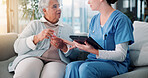Tablet, consulting and nurse with senior woman for medical report, results or news for rehabilitation. Consultation, digital tech and doctor explain with mature person for help, advice or diagnosis