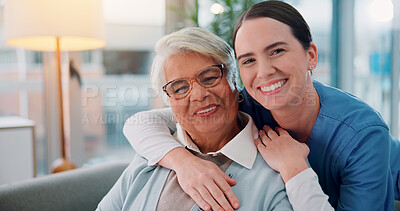 Buy stock photo Senior, woman and nurse with portrait on sofa for healthcare support, medical service and bonding in retirement home. Elderly person, caregiver and happy for homecare assistance, kindness and embrace
