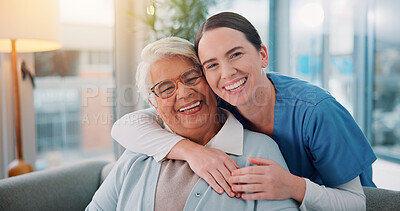 Buy stock photo Elderly, woman and nurse with portrait on sofa for healthcare support, compassion and bonding in retirement home. Senior person, caregiver and happy for homecare assistance, medical help and embrace