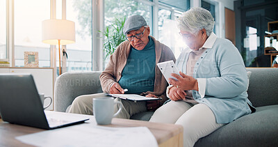 Buy stock photo Senior couple, calculator and documents in home with finance, budget and review for bills in retirement. People, paperwork and partner with problem solving for wealth, saving or investing in lounge