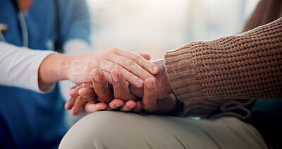 Buy stock photo Trust, nurse and senior patient with holding hands on sofa, support and console for medical news. Home, caregiver and old person with consultation for wellness, compassion and empathy in closeup