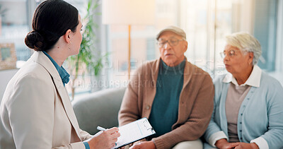 Buy stock photo Therapy, psychologist and clipboard with old couple on sofa for support, marriage counseling and advice. Retirement, trust and discussion with senior man and woman in office for assessment and help