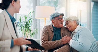 Buy stock photo Tablet, lawyer and senior couple in office, pension fund and retirement with savings, smile and congrats. Attorney, old man and happy elderly woman with embrace, tech and digital app with investments