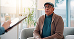 Therapy, tablet and psychology with old man on sofa for counseling, dementia rehabilitation and memory loss help. Support, healthcare and psychiatrist with senior person in clinic office for advice