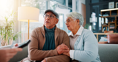 Buy stock photo Worry, consulting and financial advisor with old couple in office for retirement fund, debt management and bankruptcy. Investment loss, mistake and broker with senior man and woman for joint account