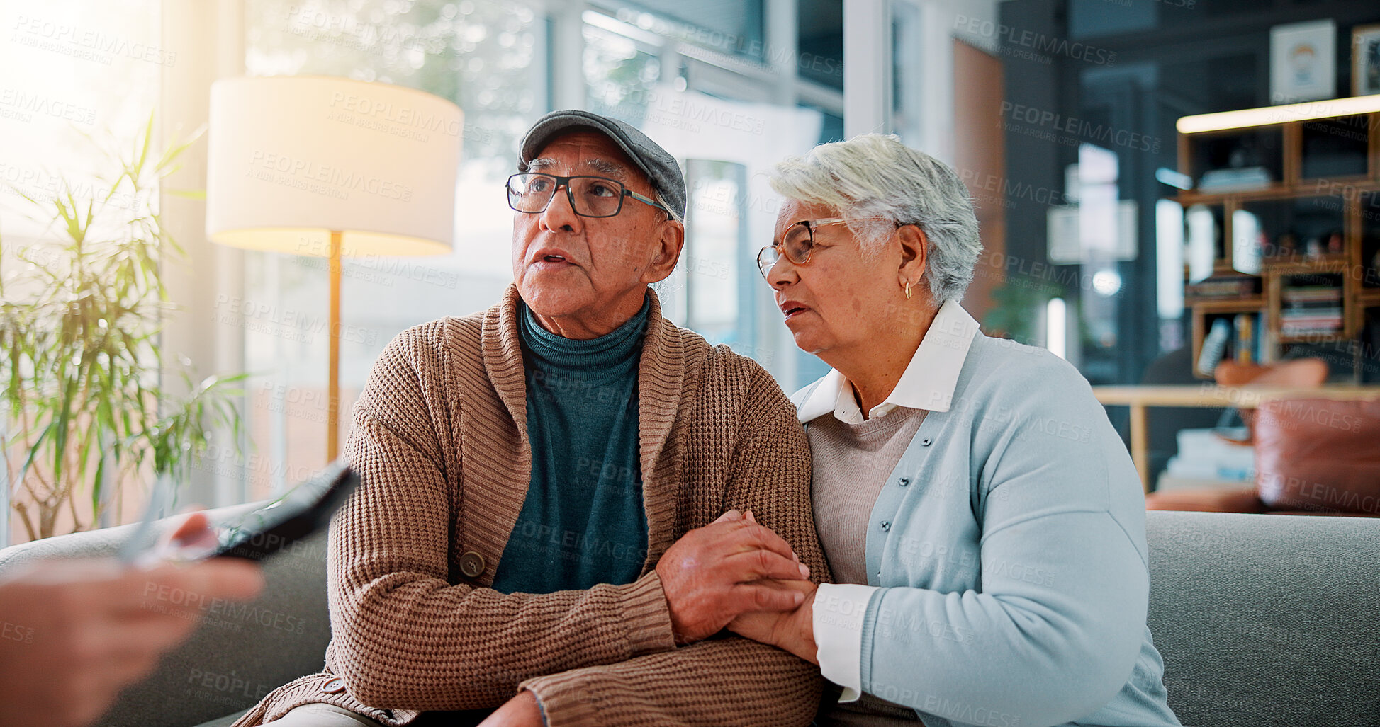 Buy stock photo Worry, consulting and financial advisor with old couple in office for retirement fund, debt management and bankruptcy. Investment loss, mistake and broker with senior man and woman for joint account