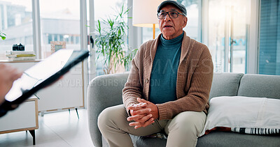 Buy stock photo Tablet, consulting and financial advisor with old man in office for retirement fund, debt counseling and bankruptcy. Investment loss, mistake and broker with senior person for account savings