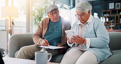 Buy stock photo Senior couple, calculator and documents on sofa with finance, budget and review for bills in retirement. People, clipboard and partner with planning for wealth, saving or investment in living room
