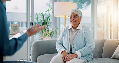 Buy stock photo Smile, meeting and financial advisor with old woman in office for retirement fund, wealth counseling and profit. Investment success, planning and broker with senior person for account savings