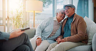 Buy stock photo Happy, consulting and financial advisor with old couple in office for retirement plan, wealth management and profit. Insurance payout, budget and broker with senior man and woman for joint account
