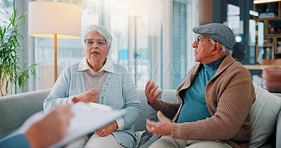 Buy stock photo Therapy, psychologist and fight with old couple on sofa for divorce, marriage counseling and advice. Retirement, conflict  and discussion with senior man and woman in office for assessment and help