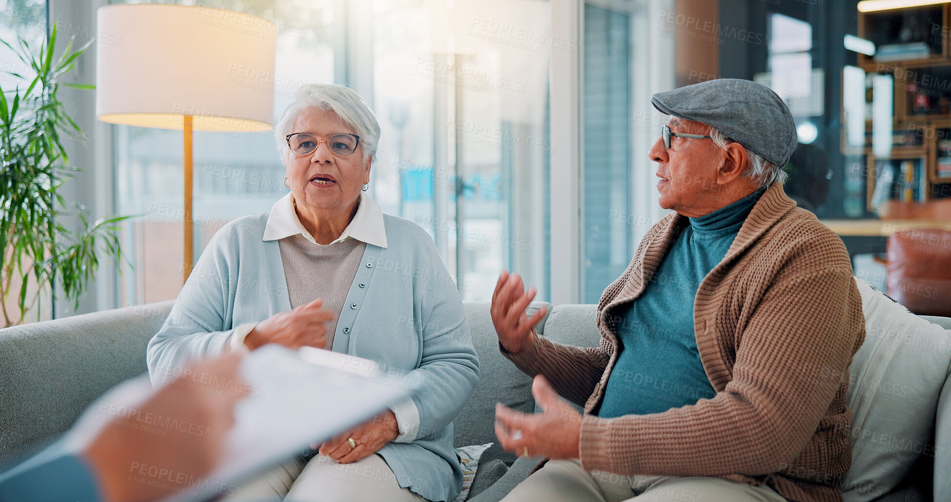 Buy stock photo Therapy, psychologist and fight with old couple on sofa for divorce, marriage counseling and advice. Retirement, conflict  and discussion with senior man and woman in office for assessment and help