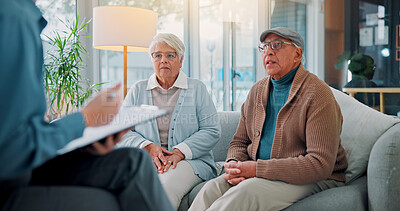 Buy stock photo Stress, consulting and financial advisor with old couple in office for retirement fund, debt management or bankruptcy. Investment fraud, mistake and broker with senior man and woman for joint account