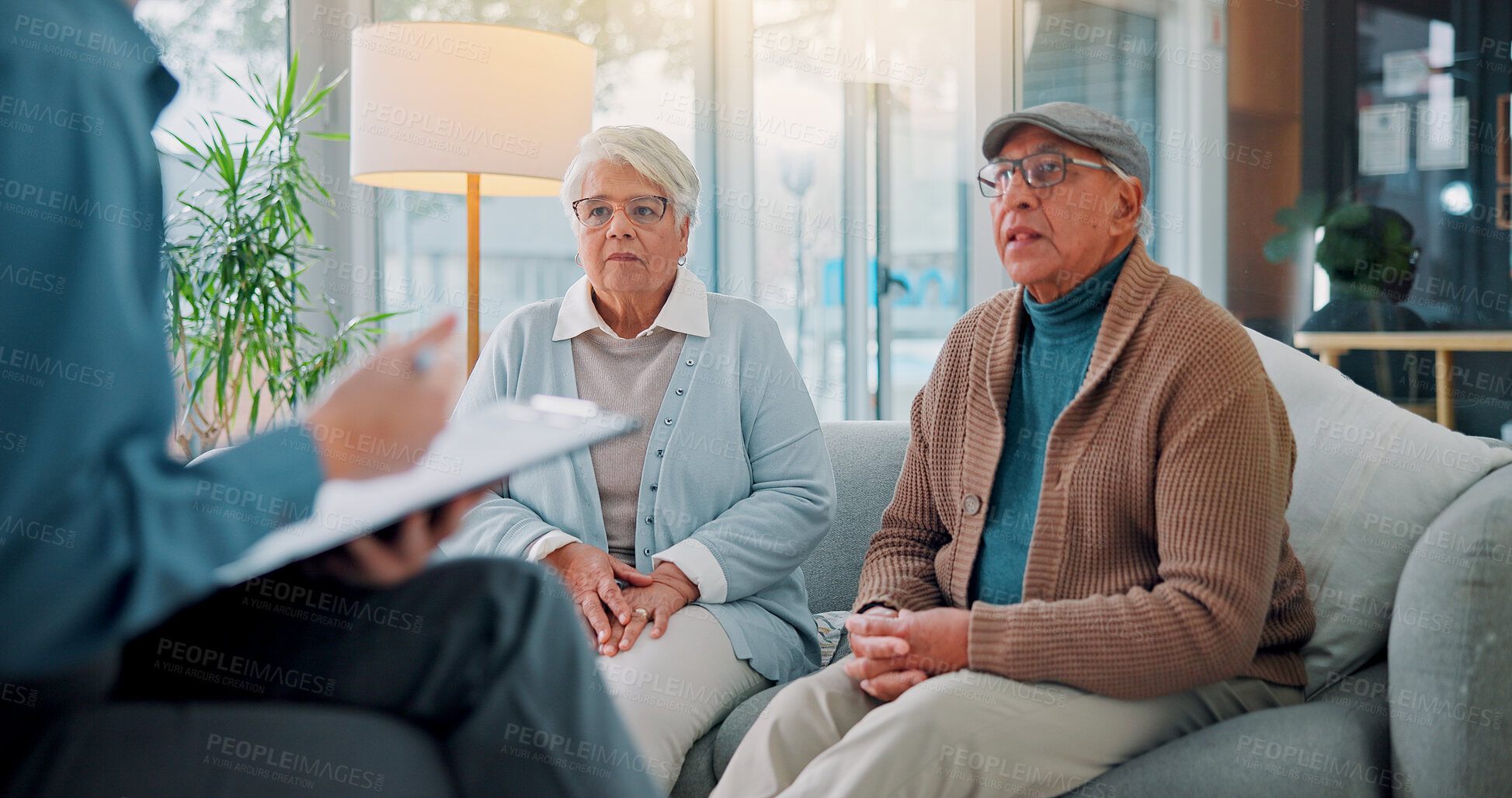 Buy stock photo Stress, consulting and financial advisor with old couple in office for retirement fund, debt management or bankruptcy. Investment fraud, mistake and broker with senior man and woman for joint account