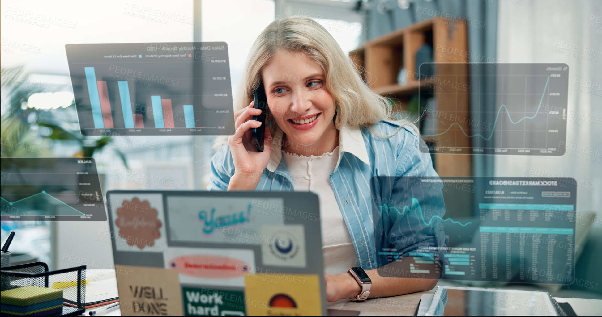 Buy stock photo Happy woman, laptop and phone call with hud statistics or hologram for market analysis at office. Female person, broker or financial analyst with technology or digital overlay for investment advice