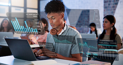 Man, laptop and hud with statistics in workshop for online trading course or market analysis in class. Male person, junior trader or intern on computer with digital overlay for investment platform