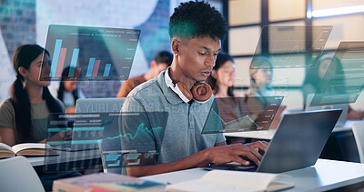 Buy stock photo Man, laptop and hologram with statistics in workshop for online trading course or market analysis class. Male person, junior trader or intern with computer or digital overlay for investment platform