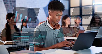 Man, laptop and hologram with statistics for online trading course or market analysis at data workshop. Male person, junior trader or intern with computer or digital overlay for investment platform