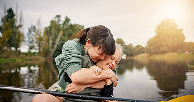 Buy stock photo River, mother and child with hug for kayak, water activity or adventure for bonding together. Lake, mom and happy kid with learning for canoeing, travel holiday and paddle outdoor as family in boat