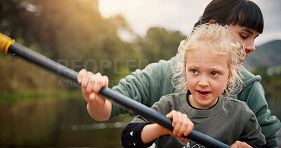 Buy stock photo Kayak, mom and girl with paddle in river, water activity and adventure for bonding together. Lake, mother and child with learning for canoeing, travel holiday and rowing outdoor as family in boat