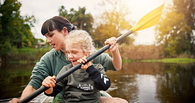 Buy stock photo River, child and woman with teaching for kayak, water activity and adventure in summer camp. Lake, female instructor and girl with learning for canoeing, skills development and paddle outdoor in boat