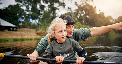 Buy stock photo River, child and woman with pointing for kayak, water activity and adventure in summer camp. Lake, female instructor and girl with learning for canoeing, skills development and paddle outdoor in boat