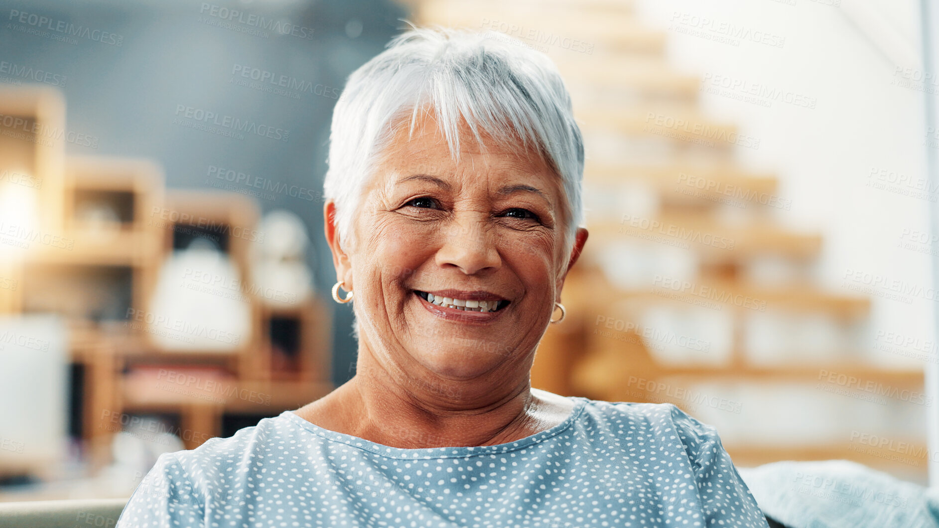 Buy stock photo Senior, woman and happy with portrait in home for relax, comfortable and peaceful in retirement. Elderly person, smile and confidence on sofa for mortgage insurance, security and wellness in lounge