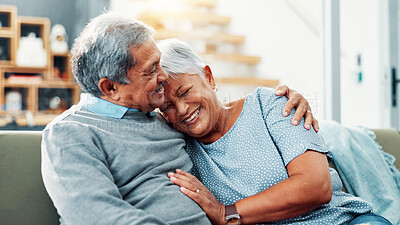 Buy stock photo Smile, hug and senior couple in home, relax and commitment for relationship, bonding and love in lounge. House, old man and care for woman in living room, embrace and retirement for elderly people