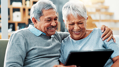 Buy stock photo Home, relax and senior couple with tablet, watching and streaming of movies in living room or online. House, old man and woman with tech for entertainment, hug and smile for film on website in lounge