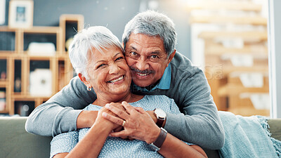 Buy stock photo Portrait, hug and old couple with love, home and bonding together with smile in living room. Face, apartment and senior man with elderly woman, embrace and retirement with relationship and marriage