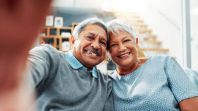 Buy stock photo Old couple, portrait and selfie in home with happiness together, marriage and commitment with memory. Senior, man and woman with smile for love in picture, photography and retirement post in house