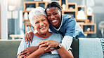 Senior, happy women or portrait with nurse hug for healthcare, assisted living or volunteer service. Female people, caregiver or smile with love, elderly care or retirement wellness at old age home