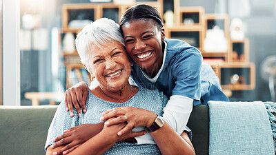 Buy stock photo Senior, happy women or portrait with nurse hug for healthcare, assisted living or volunteer service. Female people, caregiver or smile with love, elderly care or retirement wellness at old age home