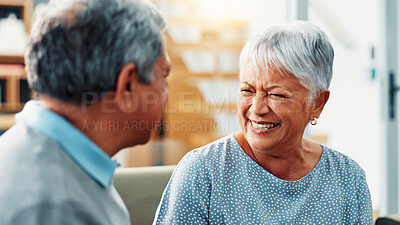 Buy stock photo Old couple, conversation and laughing in home to relax together, marriage and commitment with communication. Senior, man and woman with talking for love, care and retirement with funny story in house