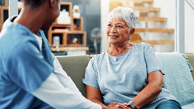 Buy stock photo Happy elderly woman, nursing home and healthcare consultation, medical support and wellness. Retirement, patient and conversation with caregiver in living room for help, checkup and community care