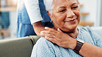 Senior woman, hands and nurse with care on sofa for assisted living, healthcare at old age home. Elderly, female person or caregiver with support for health, wellness or volunteer service at house
