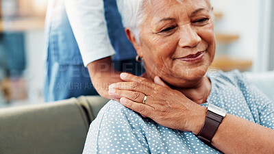 Buy stock photo Senior woman, hands and nurse with care on sofa for assisted living, healthcare at old age home. Elderly, female person or caregiver with support for health, wellness or volunteer service at house