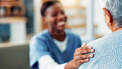 Buy stock photo Senior woman, nurse and hand on shoulder for support, healthcare and medical wellness in home. Retirement, patient and comfort with caregiver in living room for help, kindness and empathy with trust