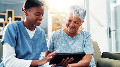 Buy stock photo Senior woman, nursing home and tablet for healthcare, medical support and test results. Retirement, happy patient and caregiver with technology in living room for help, checkup report and insurance