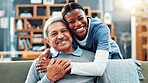 Senior man, portrait and hug with nurse for healthcare, assisted living or volunteer service. Elderly, male person and caregiver with smile, love or embrace for retirement or wellness at old age home