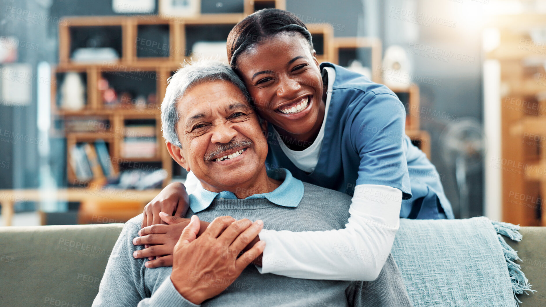 Buy stock photo Senior man, portrait and hug with nurse for healthcare, assisted living or volunteer service. Elderly, male person and caregiver with smile, love or embrace for retirement or wellness at old age home