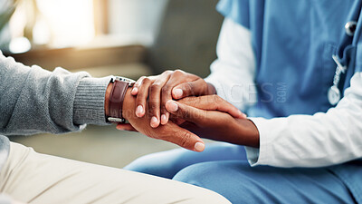 Buy stock photo Holding hands, care and nurse with patient in home for comfort, kindness or consultation. Medical, empathy and caregiver with person for checkup with hope, trust and advice for diagnosis in house.