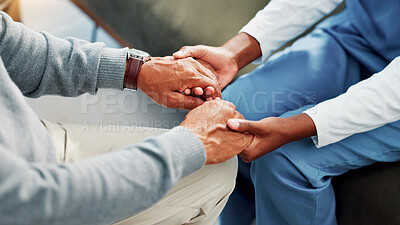 Buy stock photo Holding hands, comfort and nurse with patient in home for care, kindness or consultation. Medical, empathy and caregiver with person for checkup with hope, trust and advice for diagnosis in house.