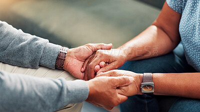 Buy stock photo Comfort, empathy and holding hands with senior couple in home living room together for love or support. Compassion, sympathy and trust with old people closeup in apartment for connection or healing