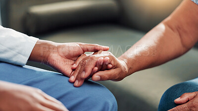 Buy stock photo Comfort, empathy and holding hands with couple in living room of home together for bonding, love or support. Compassion, sympathy and trust with people closeup in apartment for connection or healing