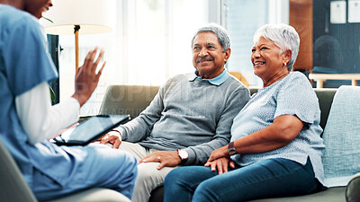 Buy stock photo Nurse, tablet and healthcare with senior couple, home and support with medical professional. Discussion, insurance or life cover with mature man, woman and meeting for consultation and communication