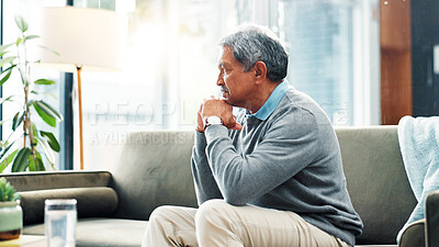 Buy stock photo Old man, thinking or reflection on couch in house for nostalgia, past or history with lonely pensioner in retirement. Mistake, regret or memory with grief, loss or contemplating life in nursing home