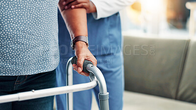 Buy stock photo Nurse, senior hands and walker in retirement for mobility support, healthcare service or rehabilitation help. Closeup, elderly person and caregiver in assisted living for medical recovery and healing